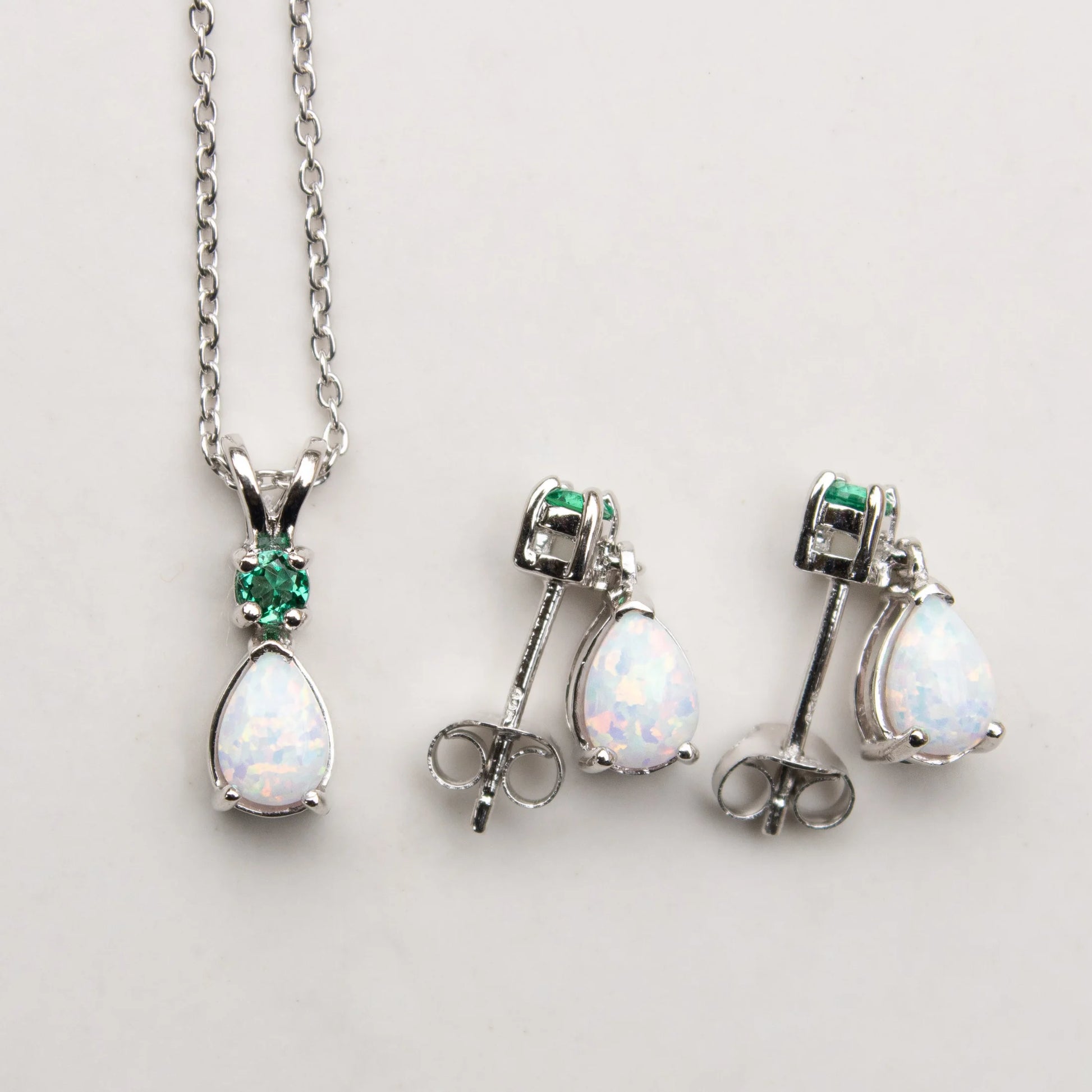 Jewelry Set for Women, Natural Pear Shaped 7X5Mm Opal and 3Mm Created Emerald Pendant Necklace and Matching Pear Shaped Opal and Emerald Stud Earrings