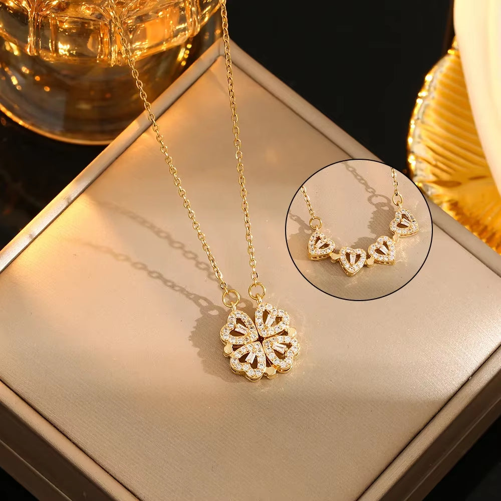 LovaCharm™ 4-in-1 Magnetic Heart & Clover Necklace – Love, Luck, and a Touch of Magic