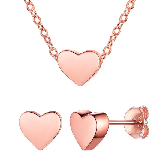 Rose Gold Plated Love Heart Jewelry Set, Sterling Silver Tiny Heart Charm Necklace and Stud Earrings Set for Women