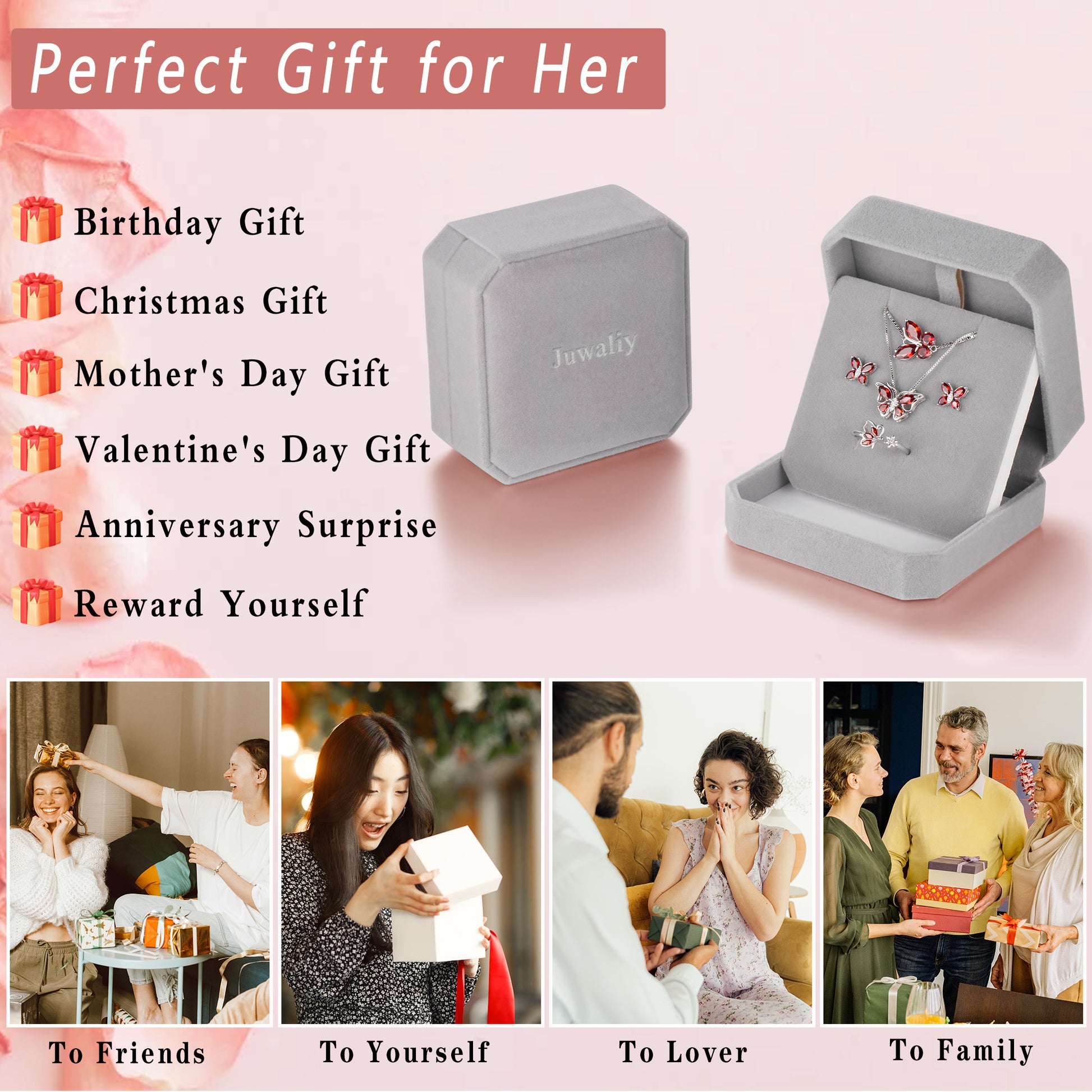 January Birthstone Jewelry Set Red Butterfly Garnet Fine Necklace/Earrings/Ring/Bracelet Sterling Silver Women Xmas Birthday Mother'S Day Gifts